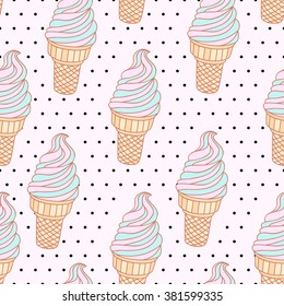 Vector seamless background with ice-cream cones and polka dots