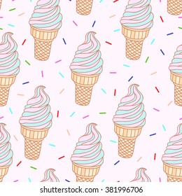 Vector seamless background with ice-cream cones and topping pattern