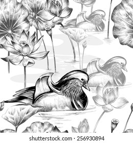 Vector seamless background. Illustration with birds and exotic flowers in the art watercolor pencils. Pond with ducks and lotus. Design for fabrics, textiles, paper, wallpaper, web. Retro. Vintage.