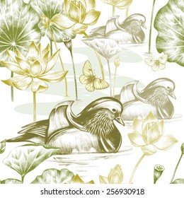 Vector seamless background. Illustration with birds, butterfly and exotic flowers in the art watercolor pencils. Design for fabrics, textiles, paper, wallpaper, web. Retro. Vintage style.