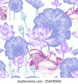 Vector seamless background. Illustration with birds and exotic flowers in the art watercolor pencils. Pond with ducks and lotus. Design for fabrics, textiles, paper, wallpaper, web. Retro. Vintage.