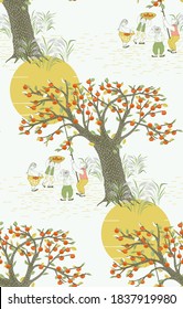 Vector seamless background illustration of children picking persimmons. The modern design of Korea. Design for fabric, web design, print project, and rapping