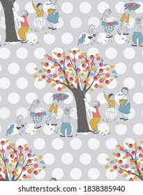 Vector seamless background illustration of children picking persimmons. The modern design of Korea. Design for fabric, web design, print project, and rapping