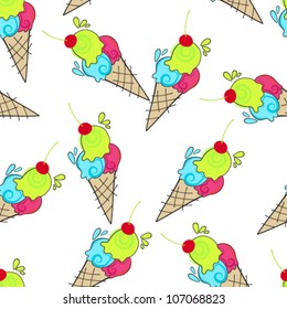 Vector seamless background illustration of cute, hand drawn style ice creams