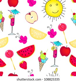 Vector seamless background illustration of cute, hand drawn style summer elements