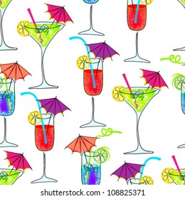 Vector seamless background illustration of cute, hand drawn style cocktails