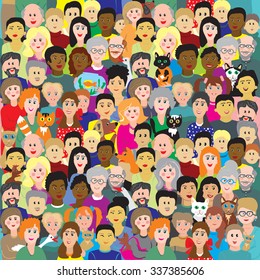 Vector seamless background or illustration depicting colorful fun crowd of people of all ages with pets.