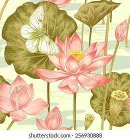 Vector seamless background. Illustration with exotic flowers and butterfly in the art watercolor pencils. Pond with lotus. Design for fabrics, textiles, paper, wallpaper, web. Retro. Vintage style.