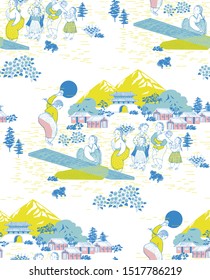 Vector seamless background illustration of girls playing Korean traditional games and the town people. The modern design of Korea. Design for fabric, web design, print project, and rapping