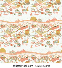 Vektornahtlose Hintergrundgrafik von koreanischen Stadtbewohnern und Familie Making Kimchee. Das moderne Design Koreas. Design für Gewebe, Webdesign, Druckprojekte und Umschlag