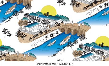 Vector ilustra perfectamente el paisaje de una antigua aldea coreana a orillas de un río con un puente de piedra y pequeñas embarcaciones. Diseño para tela, diseño web, proyecto de impresión y rapto
