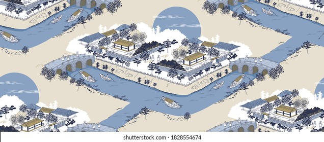 Vector seamless background illustration of the landscape of an old Korean village by a river with a stone bridge and small boats.	