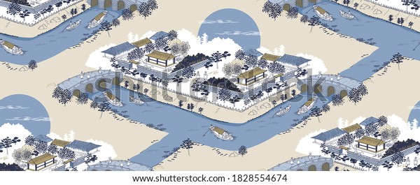 Vector seamless background illustration of the\
landscape of an old Korean village by a river with a stone bridge\
and small boats.	