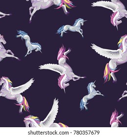 Vector seamless background with illustration of Pegasus and Unicorns