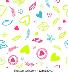 Vector seamless background with illustrations of hearts and leaves. For print textile, scrapbooking, wrapping paper, fabric, covers. Wallpaper. - Vector. Doodling design. Pattern. Decor for paper.