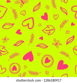 Vector seamless background with illustrations of hearts and leaves. For print textile, scrapbooking, wrapping paper, fabric, covers. Wallpaper. - Vector. Doodling design. Pattern. Decor for paper.