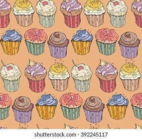 Vector seamless  background with the image of different cute cupcakes goodies, sweets, pastries, and with various fillings.?olored pattern.Doodle design elements for banner, business, card, poster.