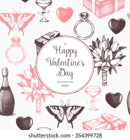 Vector seamless background with ink hand drawn valentine's day illustration. Vintage valentine's day pattern. Decorative template