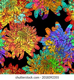 Vector seamless background. Japanese Chrysanthemum flowers in multicolor splashes, strokes and spots.