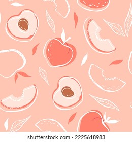 Vector seamless background with juicy peaches. Trendy hand drawn textures. Pink fruit with slices and peach tree leaves. Modern abstract design for paper, cover, fabric, indoor decor and more.