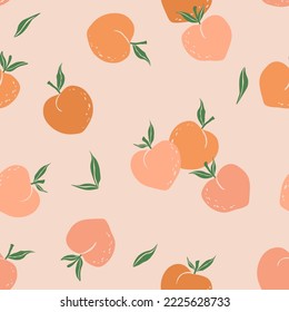 Vector seamless background with juicy peaches. Trendy hand drawn textures. Pink fruit with peach tree leaves. Modern abstract design for paper, cover, fabric, indoor decor and more.