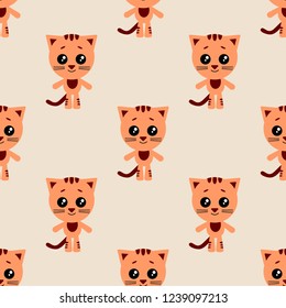 Vector seamless background. Kawai cat on the light background, cartoon cat.