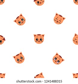 Vector seamless background. Kawai cat on the white background, cartoon cat.