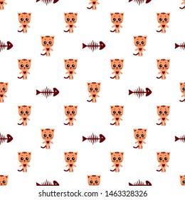Vector seamless background. Kawai cat and fish bone on the light background, cartoon cat.