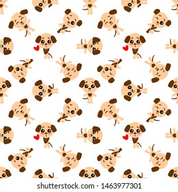 Vector seamless background. Kawai dog on the white background, cartoon puppy.