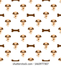 Vector seamless background. Kawai dog and bone on the white background, cartoon puppy.