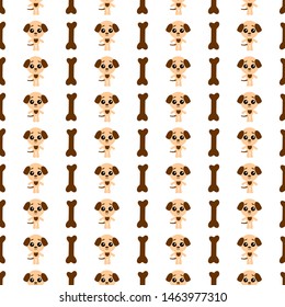 Vector seamless background. Kawai dog and bone on the white background, cartoon puppy.