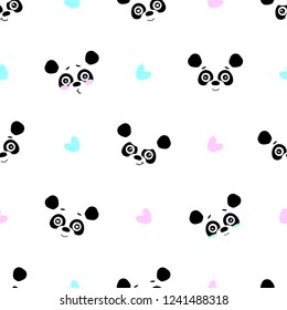 Vector seamless background. Kawai emotions of panda bear on the white background, cartoon panda.