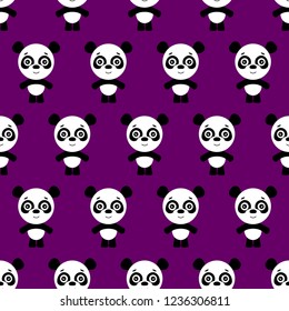 Vector seamless background. Kawai panda bear on the dark background, cartoon panda.