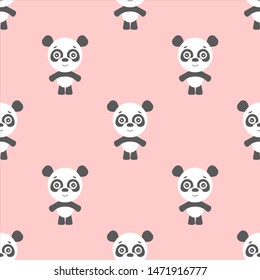 Vector seamless background. Kawai panda bear on the pink background, cartoon panda.