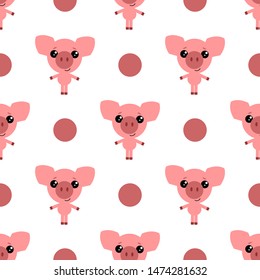 Vector seamless background. Kawai pig on the white background, cartoon pig.