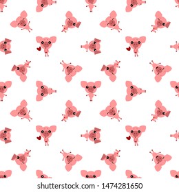 Vector seamless background. Kawai pig on the white background, cartoon pig.
