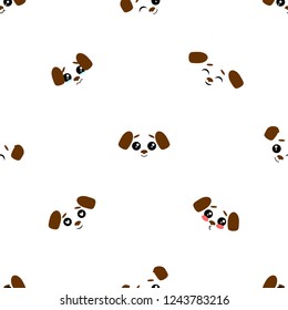 Vector seamless background. Kawai puppy on the white background, cartoon dog.