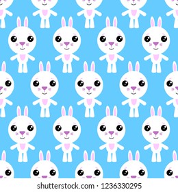 Vector seamless background. Kawai rabbit on the blue background, cartoon bunny.