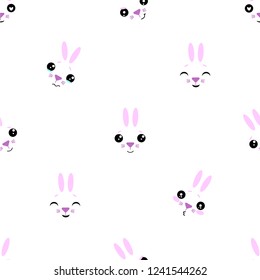 Vector seamless background. Kawai rabbit on the white background, cartoon bunny.