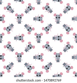 Vector seamless background. Kawai rat on the white background, cartoon rat.