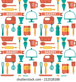 Vector seamless background with kitchen equipment, baker's tools, confectioner's tools in flat cartoon style. Baking stylish vector pattern.