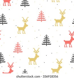 Vector seamless background. Knitted gold red deers and black fir tree on snow background. Cute Christmas pattern