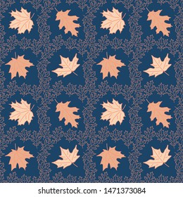 Vector Seamless background with lace autumn leaves pastel colors . Hand drawn line style maple leaves on dark blue background. Suitable for textiles, wallpaper, wrapping paper, etc.