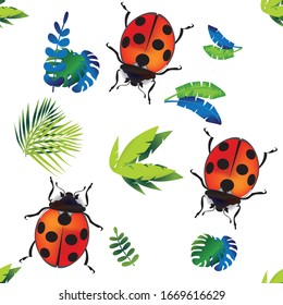 Vektorillustration nahtloser Hintergrund mit Ladybugs und bunten Blättern. Für Designkarten und Stoffe.