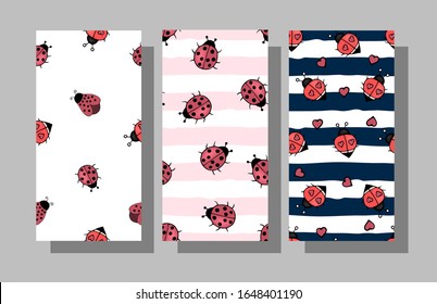Vector seamless background with ladybugs. Cute ladybug set in children's cartoon style colorful hand drawing. All elements are editable.