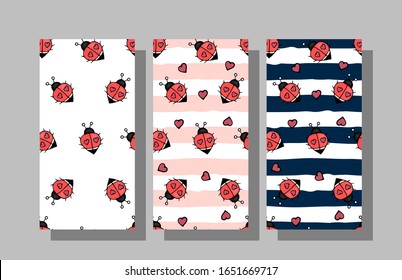 Vector seamless background with ladybugs. Cute ladybug set in children's cartoon style colorful hand drawing. All elements are editable.