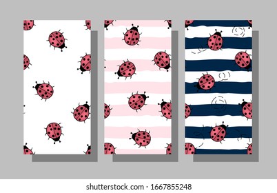 Vector seamless background with ladybugs. Cute ladybug set in children's cartoon style colorful hand drawing. All elements are editable.