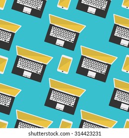 Vector seamless background with laptop computer and smart phone, flat design style.