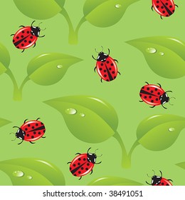 Vector seamless background with leaves and ladybirds.