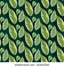 Vector seamless background with leaves. Realistic pattern with green foliage. Botanic texture. Great nature design. Leaf fall. Decorative elegant illustration.  
